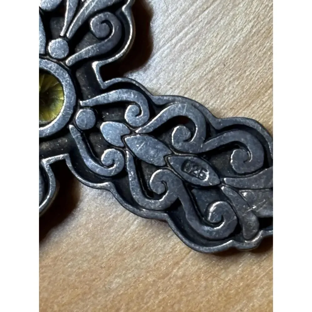 Vintage Hefty 925 Sterling Silver Ornate Green Peridot Cross Necklace 18" - Picture 10 of 15